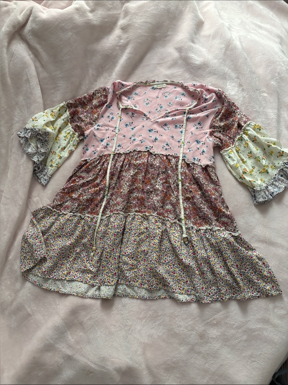 Women’s Mixed Floral Tiered Peasant dress - Pink Multi
